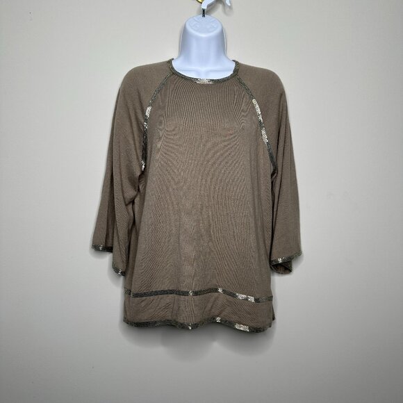 Ralph Lauren Black Label Cashmere Silk Beaded Taupe Beaded Sweater Women's Large - Picture 1 of 5